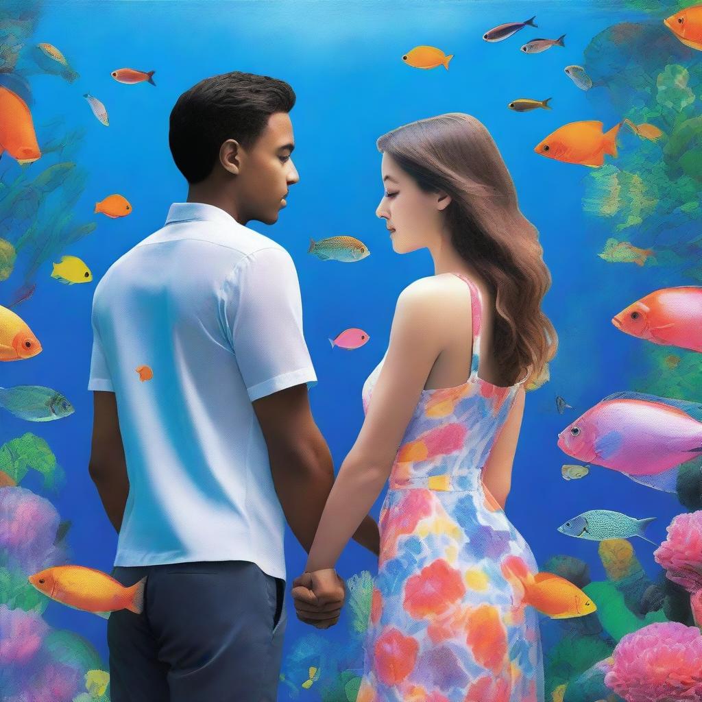 A book cover featuring a couple inside a large aquarium