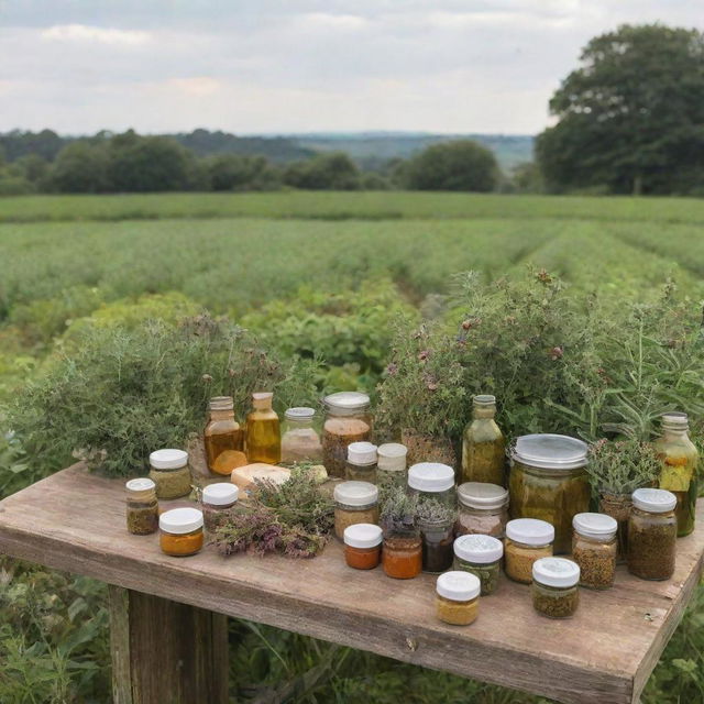 An array of various herbal medicinal products displayed amidst a lush organic farm full of vibrant plant life, under a sky awashed with the soothing colors of nature.