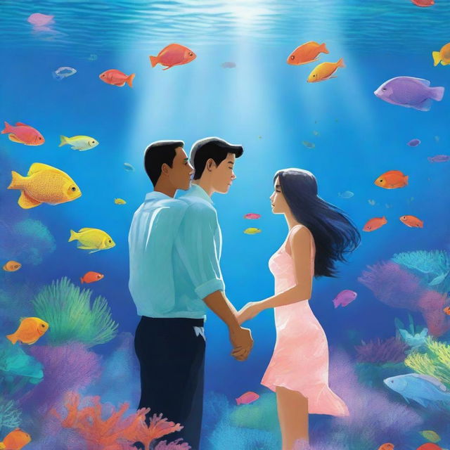 A book cover featuring a couple inside a large aquarium