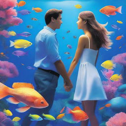 A book cover featuring a couple inside a large aquarium