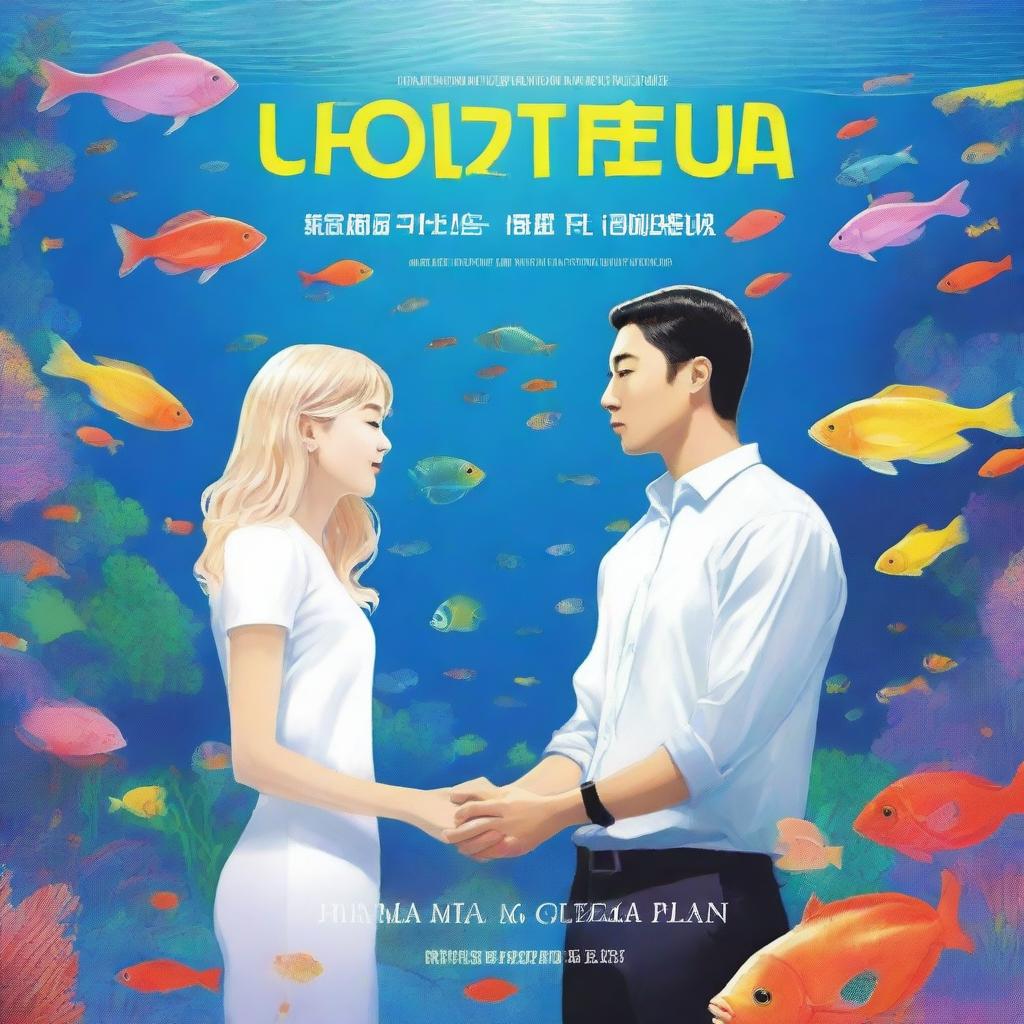 A book cover featuring a Korean man and a white woman with straight hair inside an aquarium