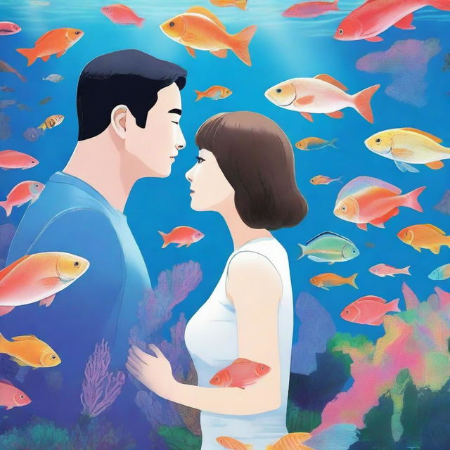 A book cover featuring a Korean man and a white woman with straight hair inside an aquarium