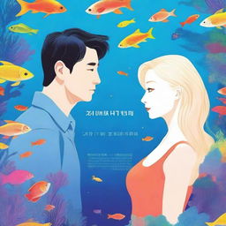 A book cover featuring a Korean man and a white woman with straight hair inside an aquarium