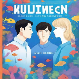 A book cover featuring a Korean man and a white woman with straight hair inside an aquarium