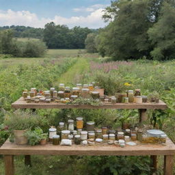 An array of various herbal medicinal products displayed amidst a lush organic farm full of vibrant plant life, under a sky awashed with the soothing colors of nature.