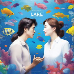 A book cover featuring a Korean man and a white woman with straight brown hair inside an aquarium