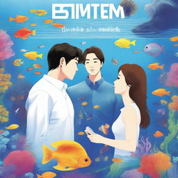 A book cover featuring a Korean man and a white woman with straight brown hair inside an aquarium