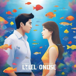 A book cover featuring a Korean man and a white woman with straight brown hair inside an aquarium