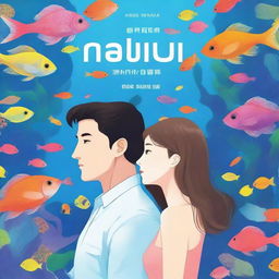 A book cover featuring a Korean man and a white woman with straight brown hair inside an aquarium