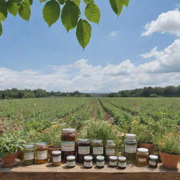 An array of various herbal medicinal products displayed amidst a lush organic farm full of vibrant plant life, under a sky awashed with the soothing colors of nature.