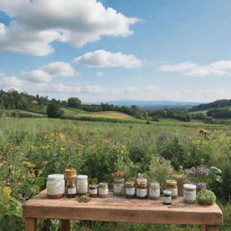 An array of various herbal medicinal products displayed amidst a lush organic farm full of vibrant plant life, under a sky awashed with the soothing colors of nature.