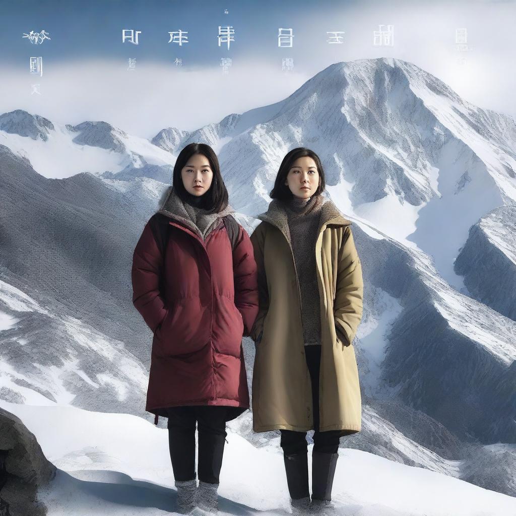 Create a film poster featuring a 20-year-old Taiwanese woman standing in a snowy mountain area