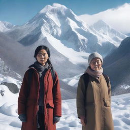 Create a film poster featuring a 20-year-old Taiwanese woman standing in a snowy mountain area