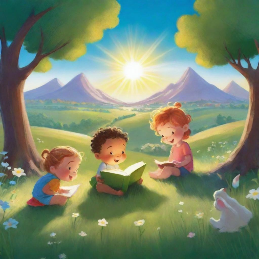 A brightly animated scene from 'BrightBabyTales'. Imaginative children in nature, engrossed in storytelling under the luminous sunshine. Include an open brightly illustrated book spilling magic onto the surrounding vibrant landscape.