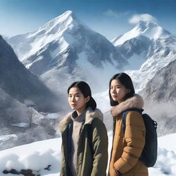 Create a film poster featuring a 20-year-old Taiwanese woman standing in a snowy mountain area