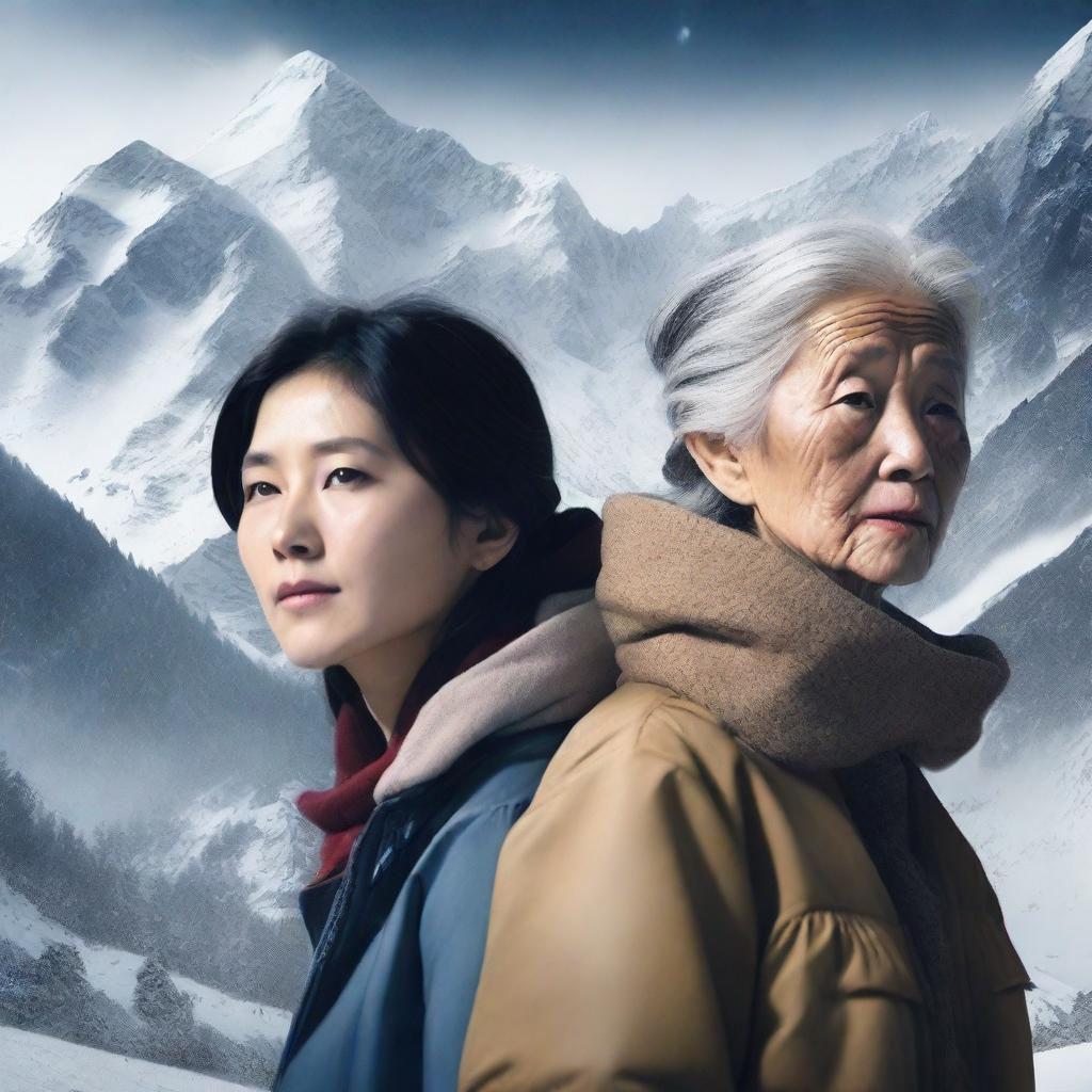 Create a film poster featuring a 20-year-old Taiwanese woman standing in a snowy mountain area