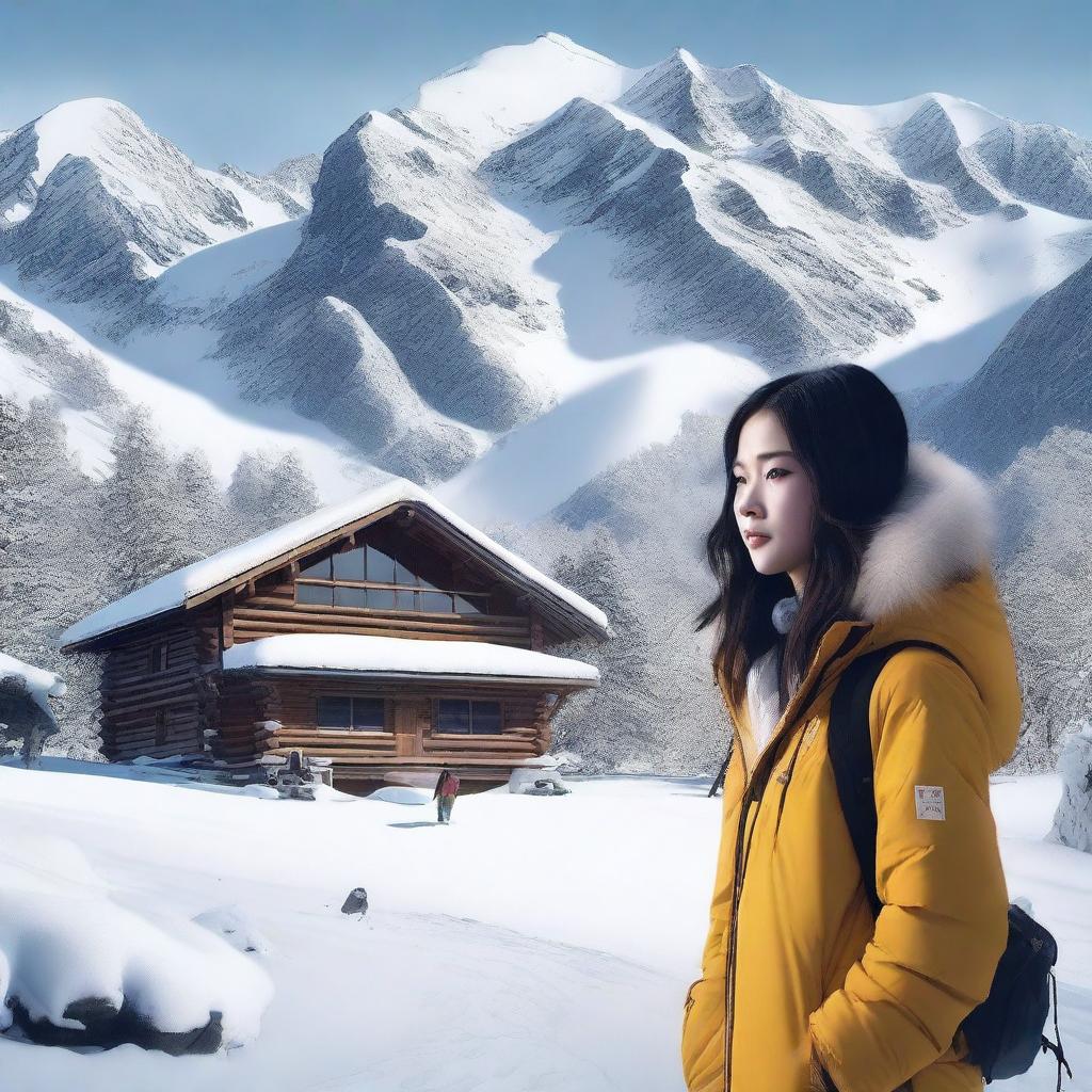 Create a film poster featuring a 20-year-old Taiwanese woman standing in a snowy mountain area