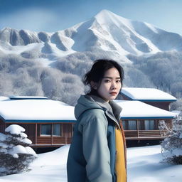 Create a film poster featuring a 20-year-old Taiwanese woman standing in a snowy mountain area