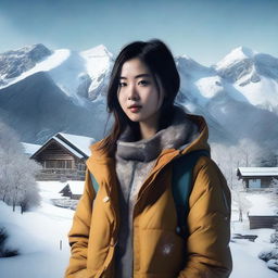 Create a film poster featuring a 20-year-old Taiwanese woman standing in a snowy mountain area