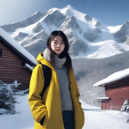 Create a film poster featuring a 20-year-old Taiwanese woman standing in a snowy mountain area