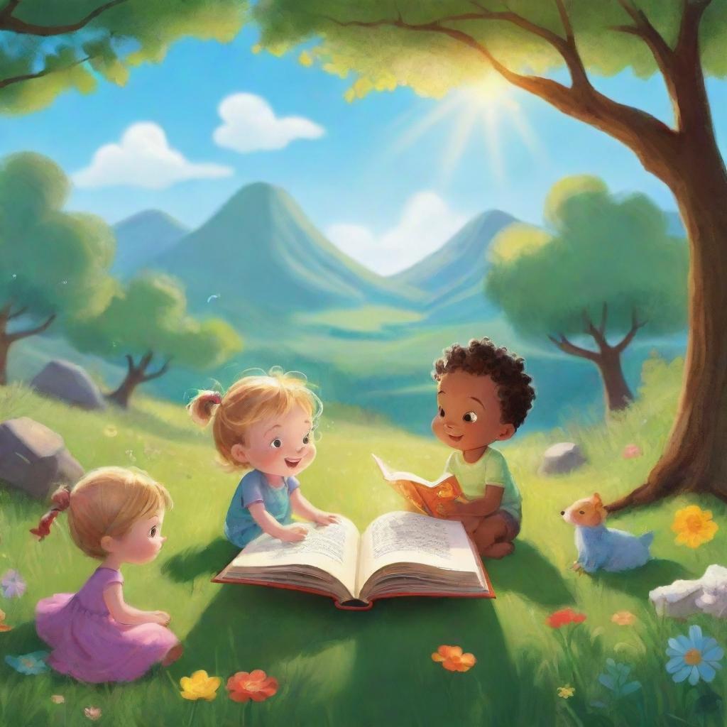 A brightly animated scene from 'BrightBabyTales'. Imaginative children in nature, engrossed in storytelling under the luminous sunshine. Include an open brightly illustrated book spilling magic onto the surrounding vibrant landscape.