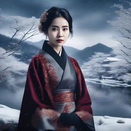 Create a dark drama film poster featuring a 20-year-old Taiwanese woman