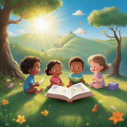 A brightly animated scene from 'BrightBabyTales'. Imaginative children in nature, engrossed in storytelling under the luminous sunshine. Include an open brightly illustrated book spilling magic onto the surrounding vibrant landscape.