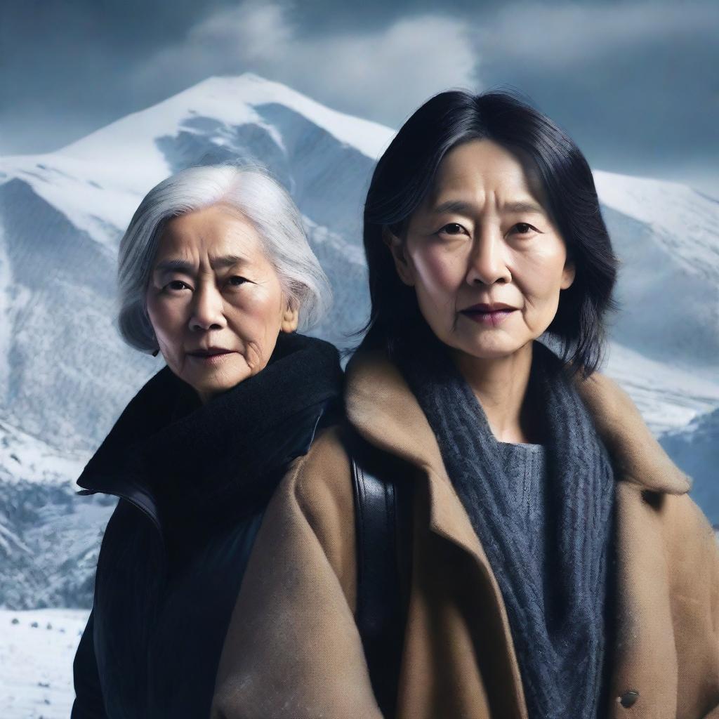 Create a dark drama film poster set in 2024 featuring a 20-year-old Taiwanese woman and a 70-year-old English woman