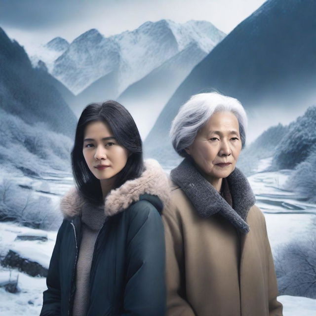 Create a dark drama film poster set in 2024 featuring a 20-year-old Taiwanese woman and a 70-year-old English woman