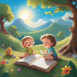 A brightly animated scene from 'BrightBabyTales'. Imaginative children in nature, engrossed in storytelling under the luminous sunshine. Include an open brightly illustrated book spilling magic onto the surrounding vibrant landscape.