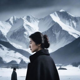 Create a dark drama film poster featuring Australian snowy mountains in the background