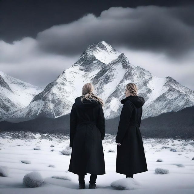 Create a dark drama film poster featuring Australian snowy mountains in the background