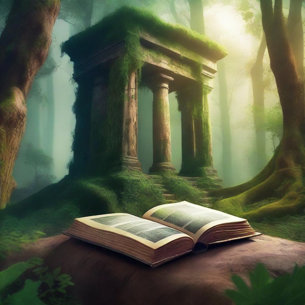 Create a captivating book cover featuring a mysterious forest with a hidden ancient ruin