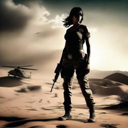 A female soldier in the desert with a dark, foreboding feel