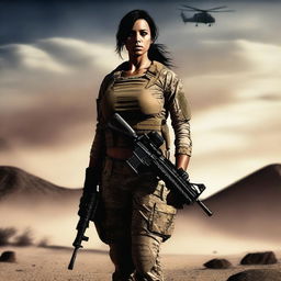 A female soldier in the desert with a dark, foreboding feel