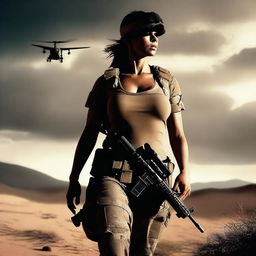 A female soldier in the desert with a dark, foreboding feel