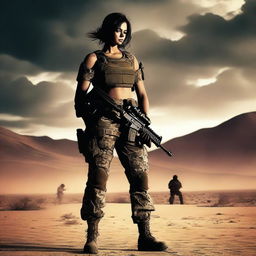 A female soldier in the desert with a dark, foreboding feel