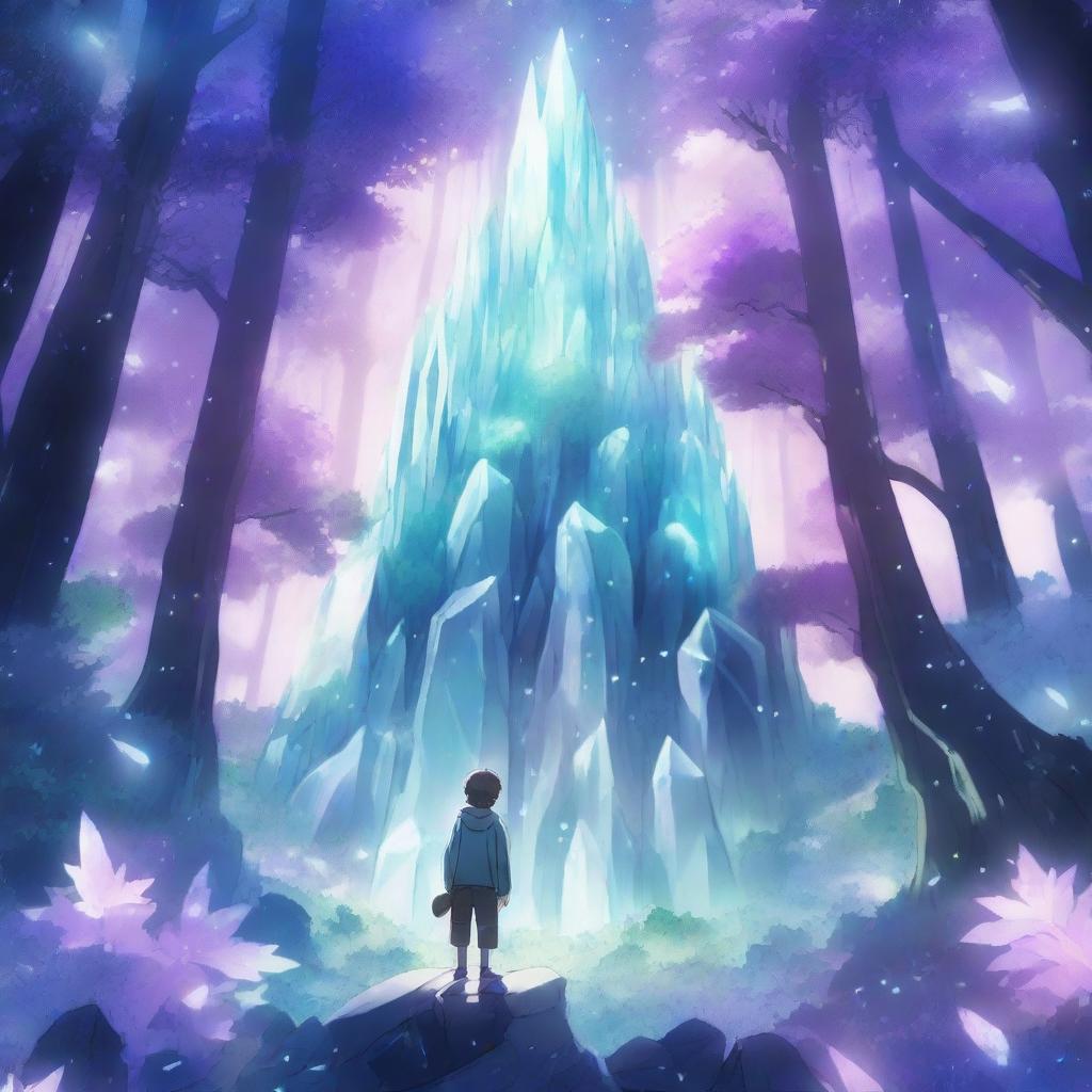 A high-quality anime scene depicting a crystal forest