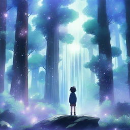 A high-quality anime scene depicting a crystal forest