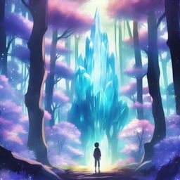 A high-quality anime scene depicting a crystal forest