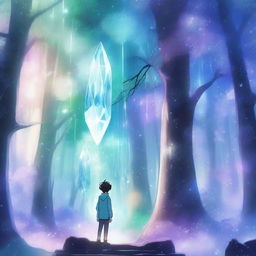 A high-quality anime scene depicting a crystal forest