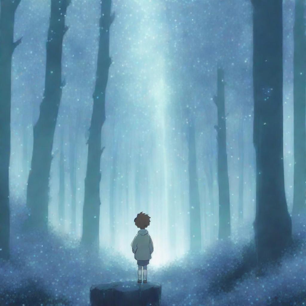 An anime-style scene of a crystal forest with a boy of decent size standing in the center