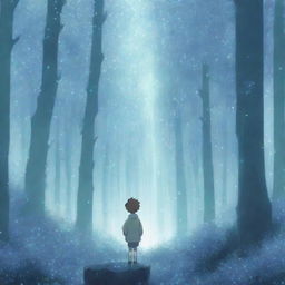 An anime-style scene of a crystal forest with a boy of decent size standing in the center