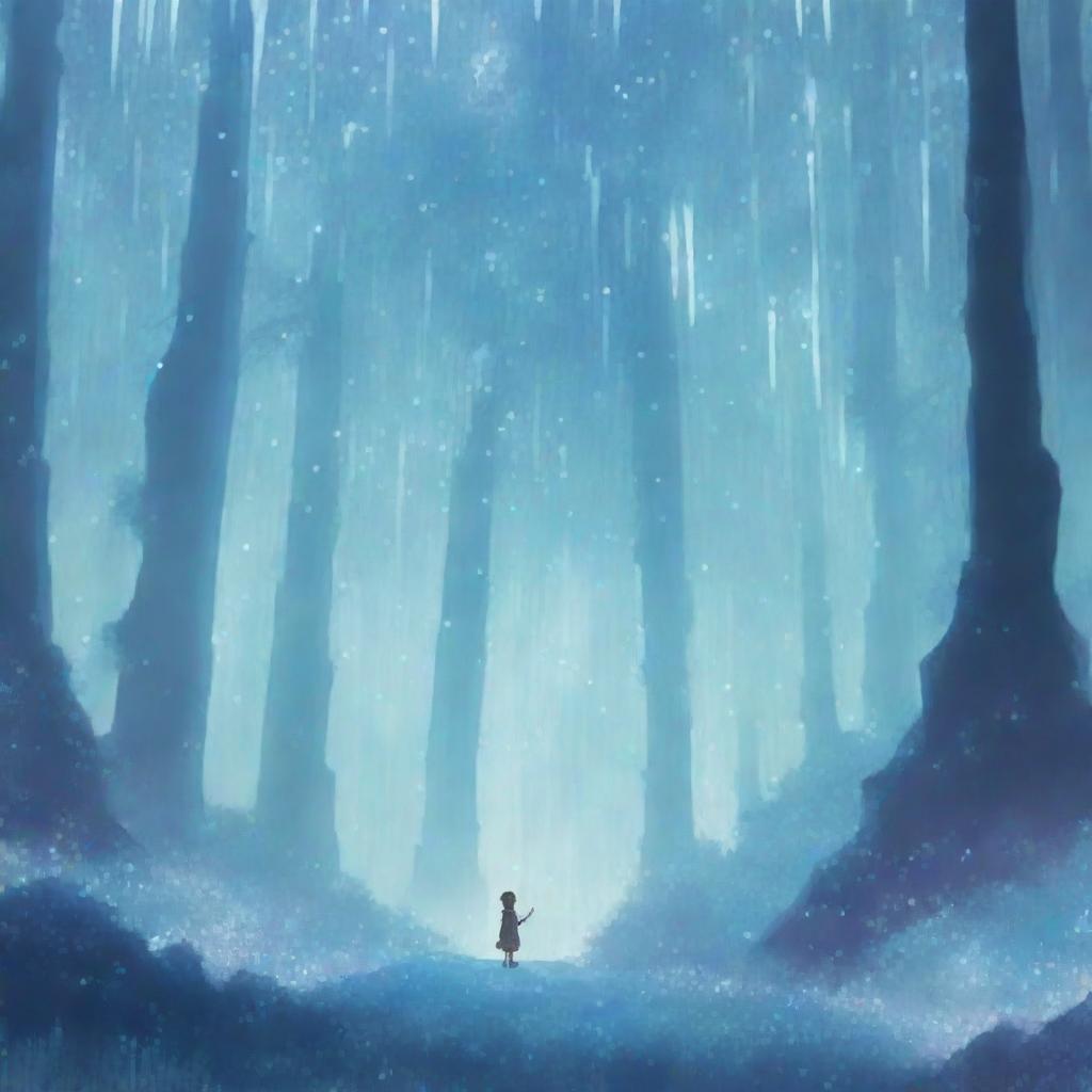 An anime-style scene of a crystal forest with a boy of decent size standing in the center