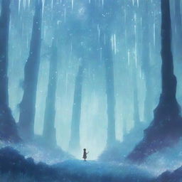 An anime-style scene of a crystal forest with a boy of decent size standing in the center