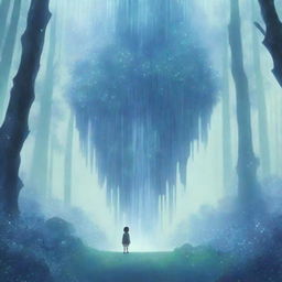 An anime-style scene of a crystal forest with a boy of decent size standing in the center