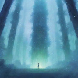 An anime-style scene of a crystal forest with a boy of decent size standing in the center