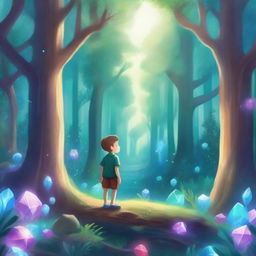 A captivating book cover featuring a young boy exploring a magical crystal forest