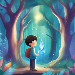 A captivating book cover featuring a young boy exploring a magical crystal forest