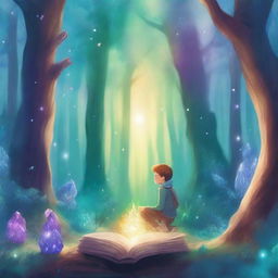 A captivating book cover featuring a young boy exploring a magical crystal forest